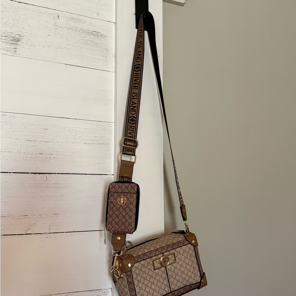 River Island Tan Brown Monogram Crossbody Bag with Detachable Pouch